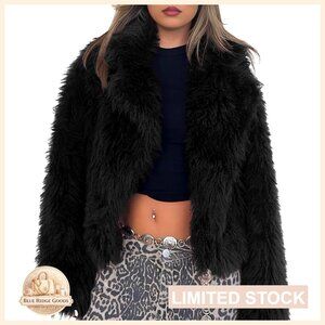 Cropped Faux Fur Jacket Fluffy Shaggy Lapel Collar Winter Coat Chic Elegant